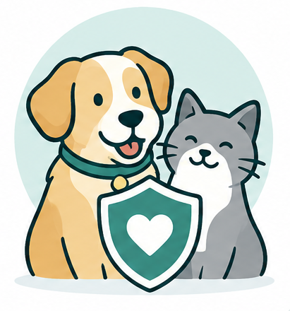 Dog and cat with a heart shield representing protection