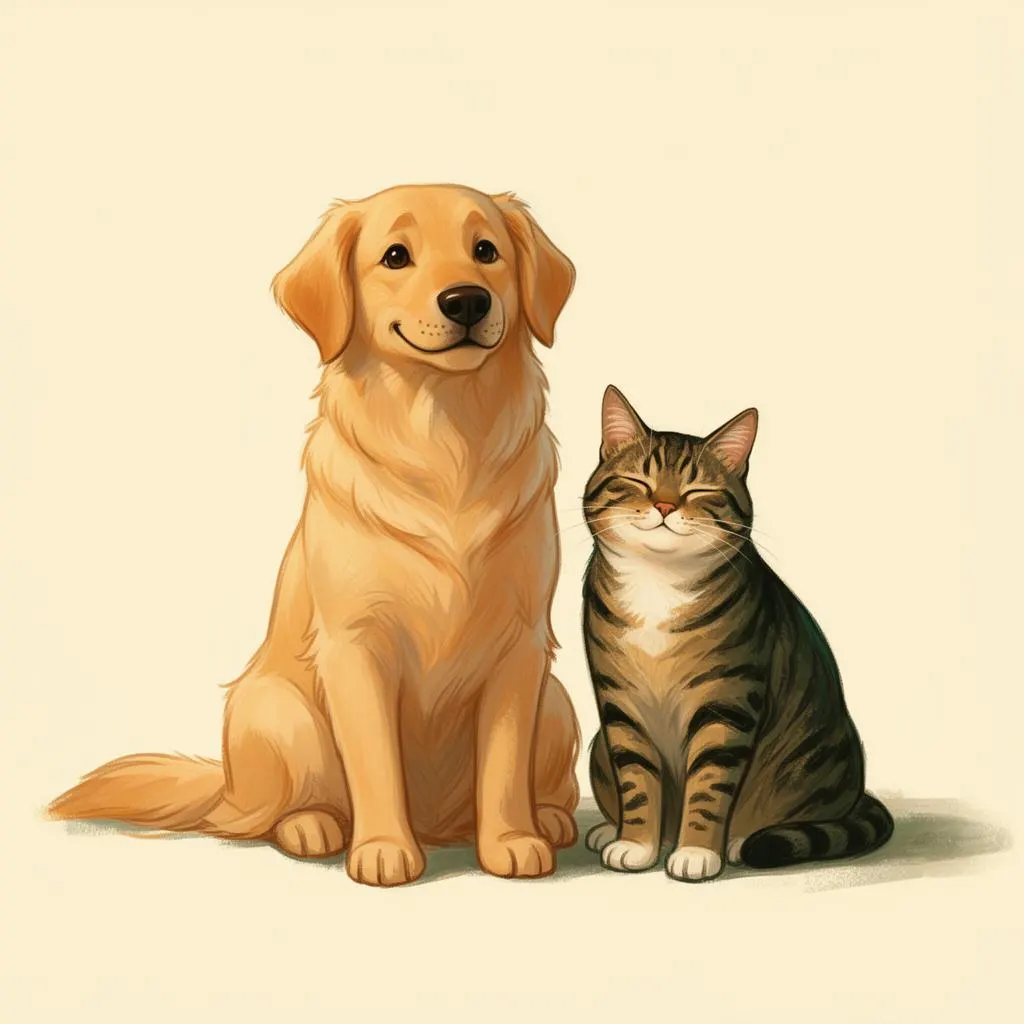Willow, a friendly golden dog with a small green collar, sitting beside a content tabby cat