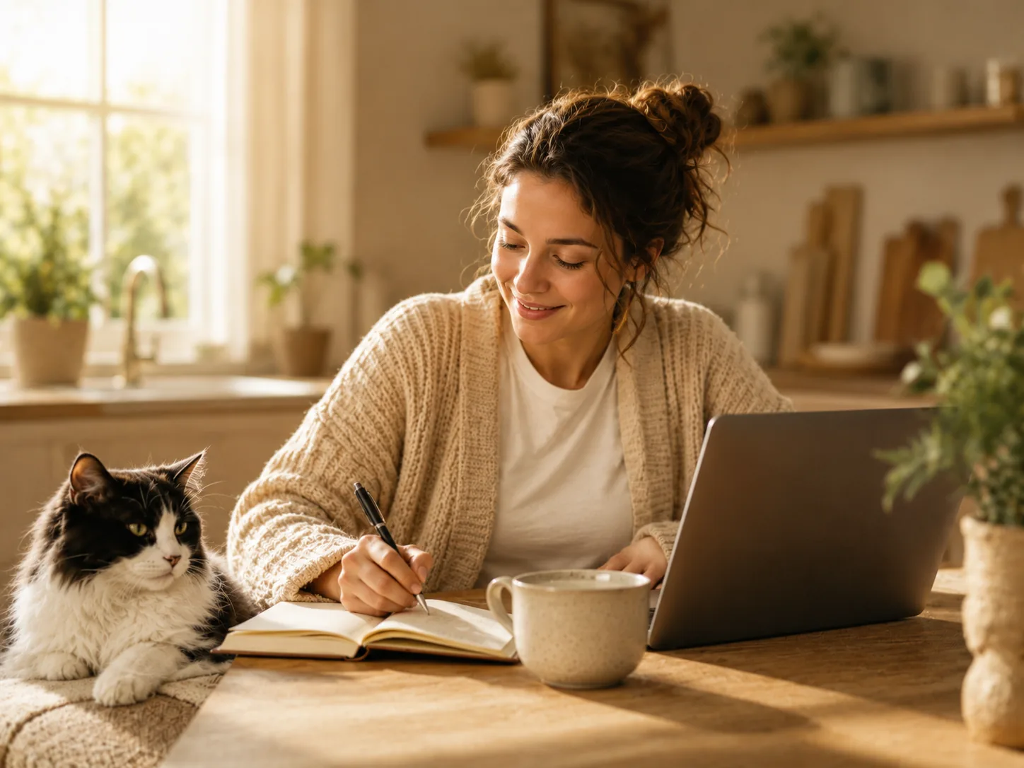 Pet owner making notes about pet insurance at the kitchen table with her cat
