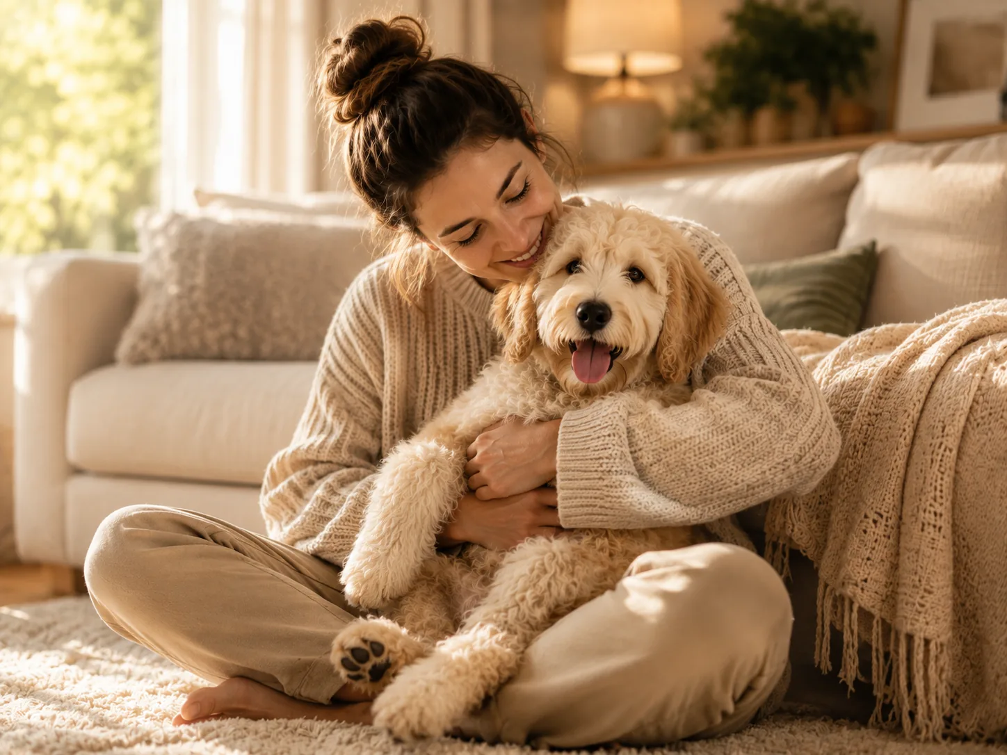Owner hugging her doodle puppy on the living room rug