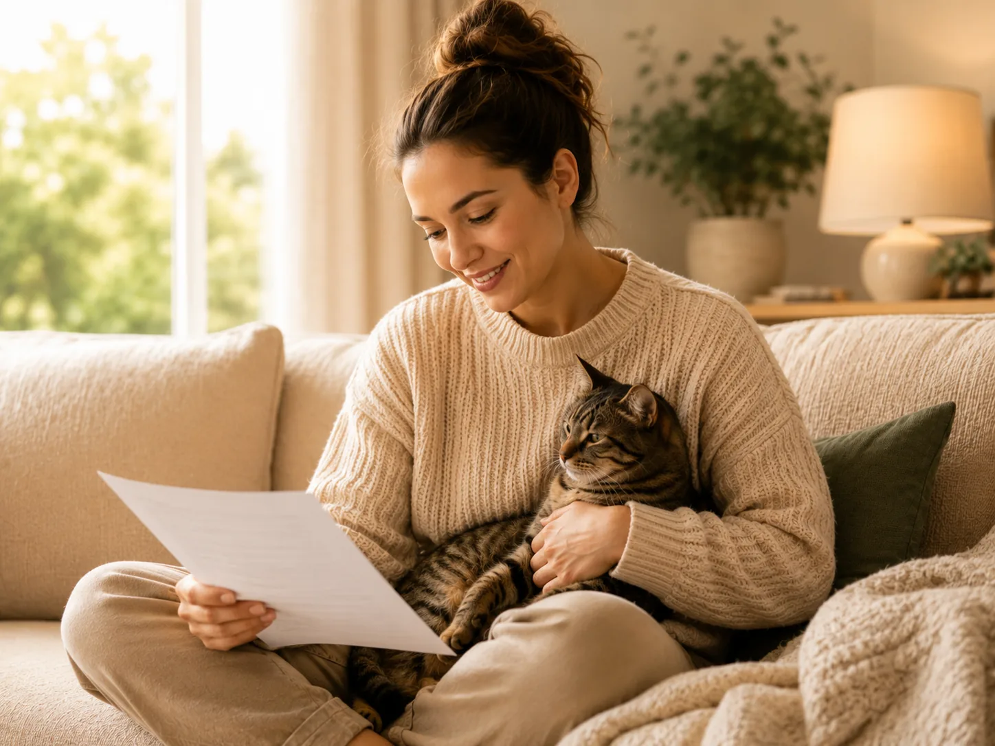 Cat owner reading her pet insurance paperwork at home