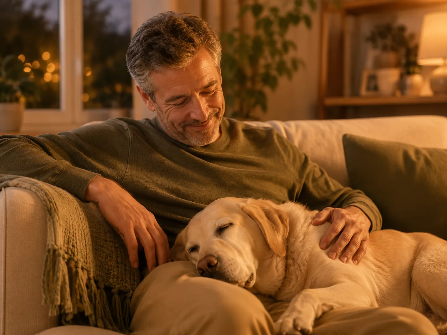 Owner stroking his sleeping Labrador on the sofa at home
