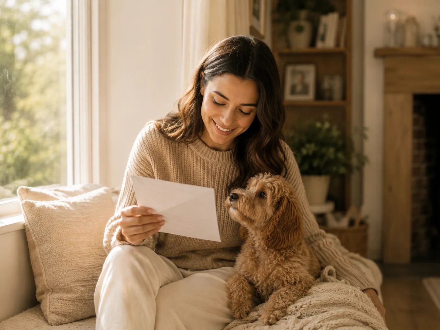 Owner reading a letter on a window seat with her curly-coated puppy