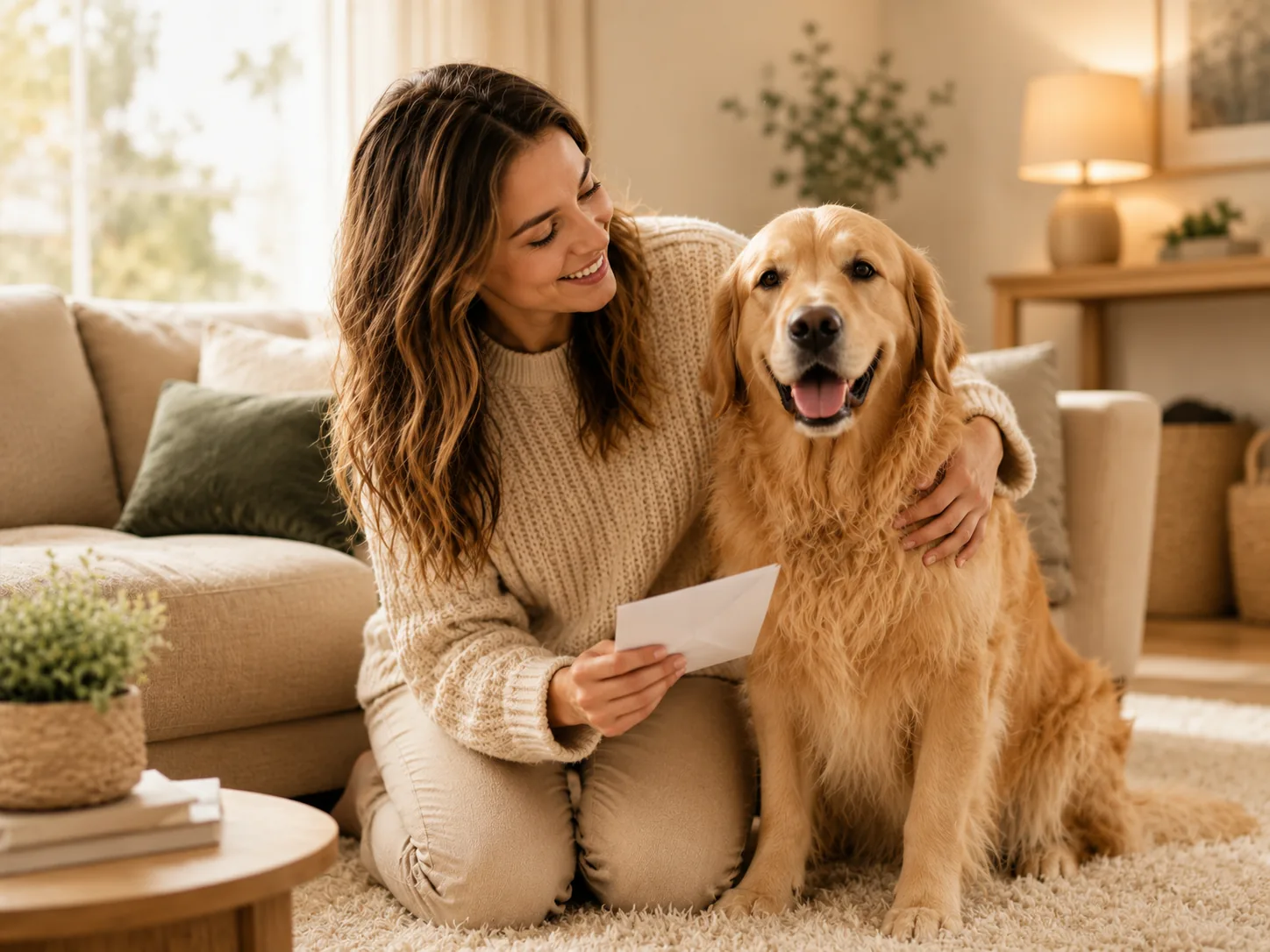 Owner holding a letter while sitting on the floor with her golden retriever