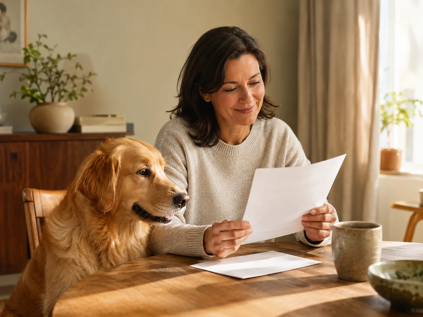 Owner reading paperwork at her kitchen table with her golden retriever beside her