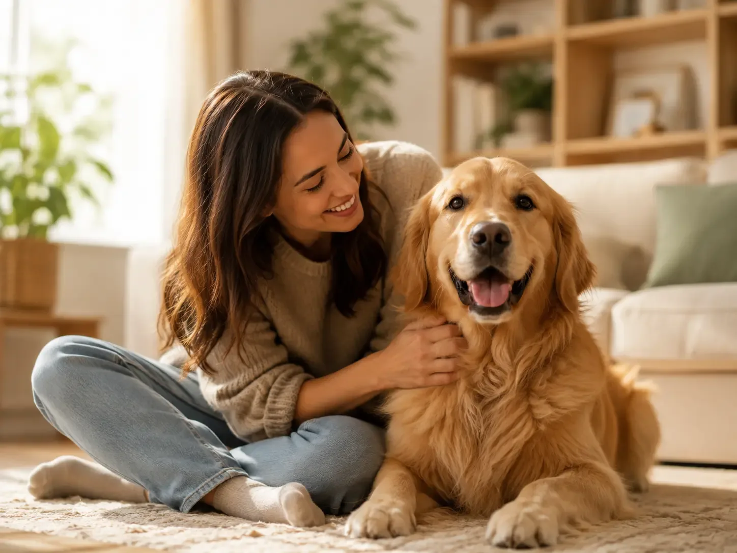 Owner sitting with her golden retriever at home
