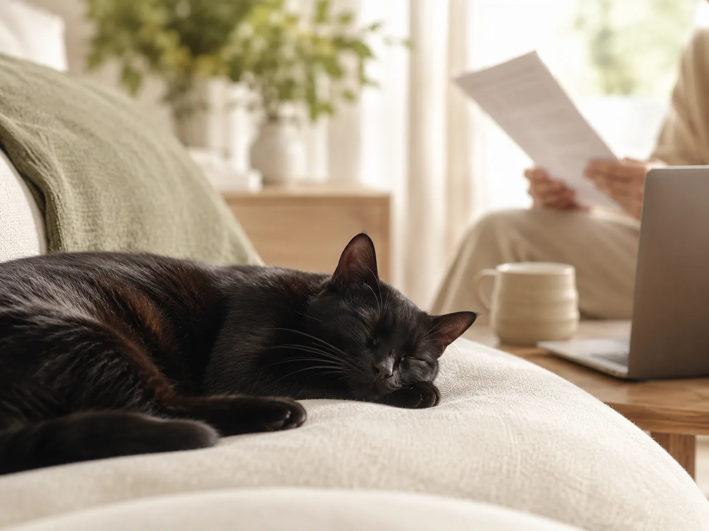 Black cat asleep on a cream sofa in a calm, sunlit living room