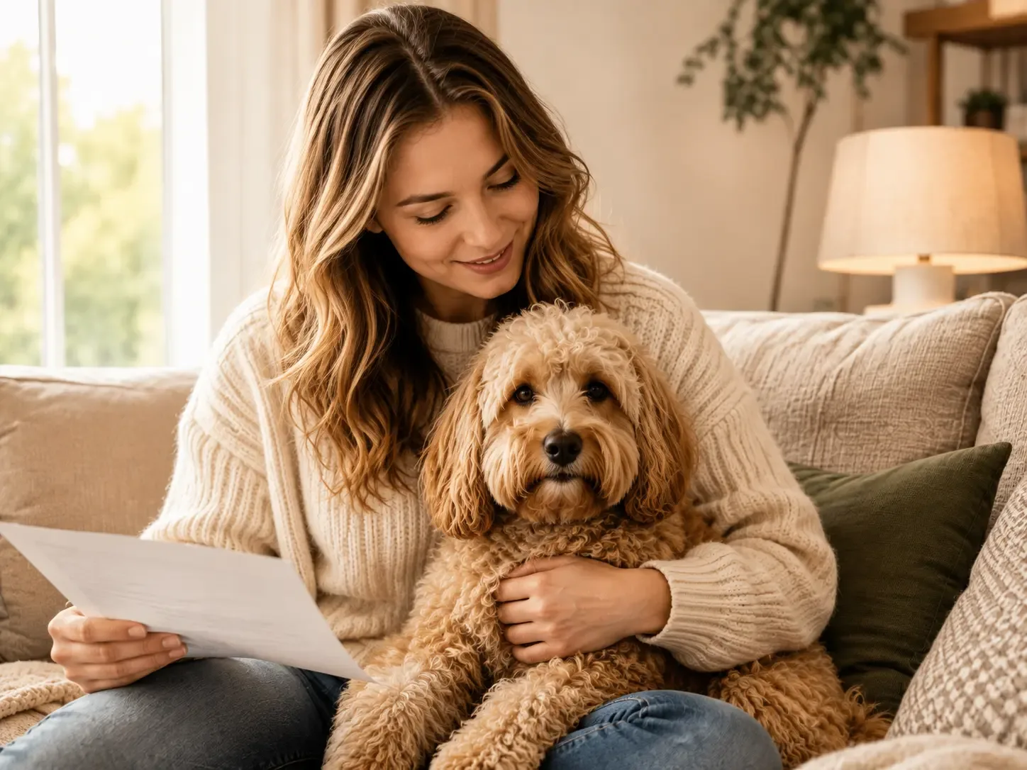 Owner reading her pet insurance paperwork with her dog on her lap